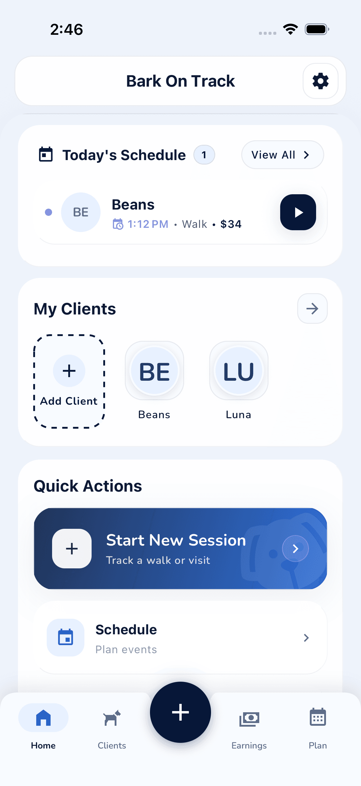 BarkOnTrack home dashboard on iPhone